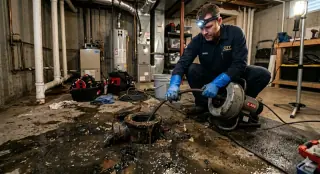 Backed-up main drain, standing water in the basement during drain clearing
